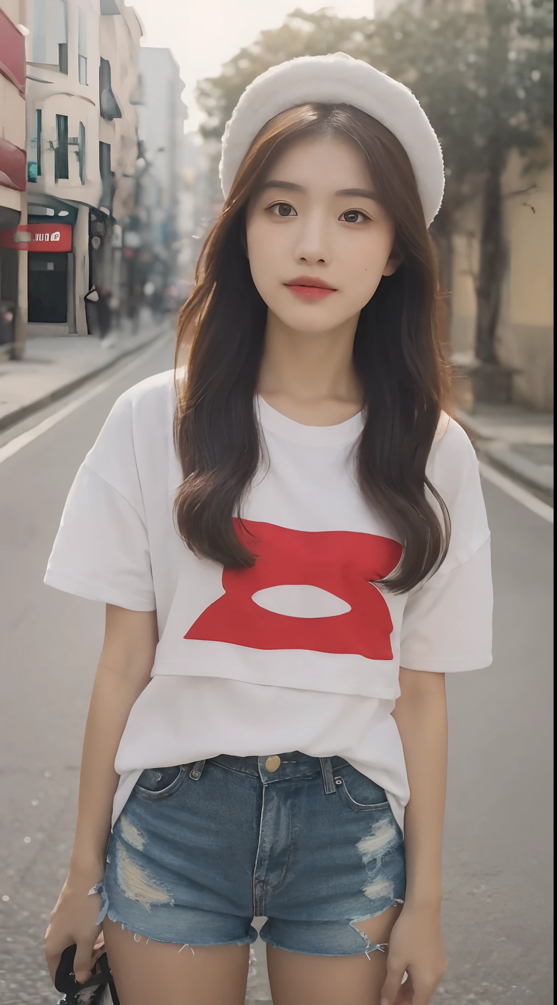 ((Best Quality, 8K, Masterpiece: 1.3)), (Japanese Cap: 1.3), Focus: 1.2, Perfect Body Beauty: 1.4, Buttocks: 1.2, (Layered Haircut: 1.2)), (Dark Street: 1.3), Highly Detailed Face and Skin Texture, Fine Eyes, Double Eyelids, Whitened Skin, Long Hair, (Round Face: 1.5), (Short Sleeves, Shorts: 1.6)