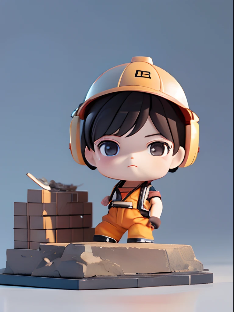 人物: 10 year old boy, Short brown hair, Black eyes, helmet on，Wearing a construction worker's uniform，Construction worker reflective orange clothing，Lively posture，Different angles, Different Perspectives, Fantastic ladybug style, hat ornament，Steel blocks, Pieces of iron、Steel structure decoration，gear wheel，White background -- 3:2, Character styling，Pop Mart's super cute little boy IP， A chubby face, Chinese style, full bodyesbian, Clean background, Studio light, Hyper-detailing，3D, c4dblender，OC renderer, Ultra HD，3d rendered model, a blind box toy, Smooth and delicate, Clean background，a 3D render, Extreme detail, 8K, Extreme clarity, High sharpening, Ray tracing, particle fx, Studio lighting, The Rembrandt effect, HD quality, High-definition color contrast