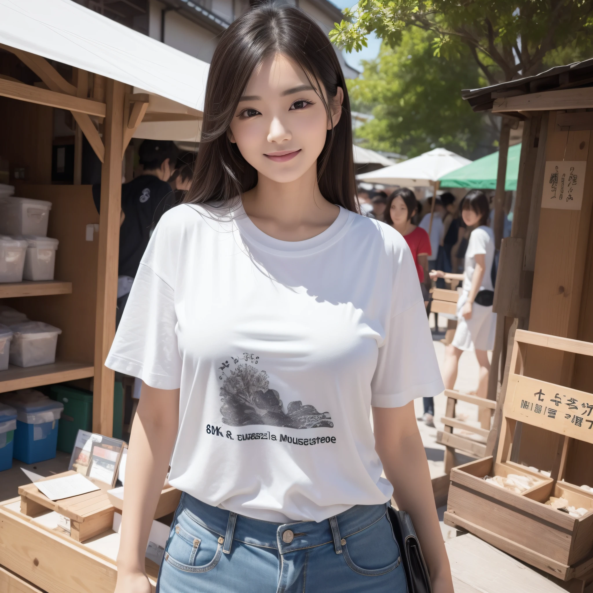 One lady、((best qualtiy、8k masterpieces:1.3))、foco nítido:1.2、(ultra beautiful faces:1.0)、(shinny skin:1.0)、photos realistic、A dark-haired、Video Lighting、High-definition eyes and face、Video Lighting、Japan actress with Korean-style makeup、from the front side、medium breasts、Smile、Slender Abs Beauty、Whole body、Wearing a T-shirt with the Japanese logo、At the market in the early morning、