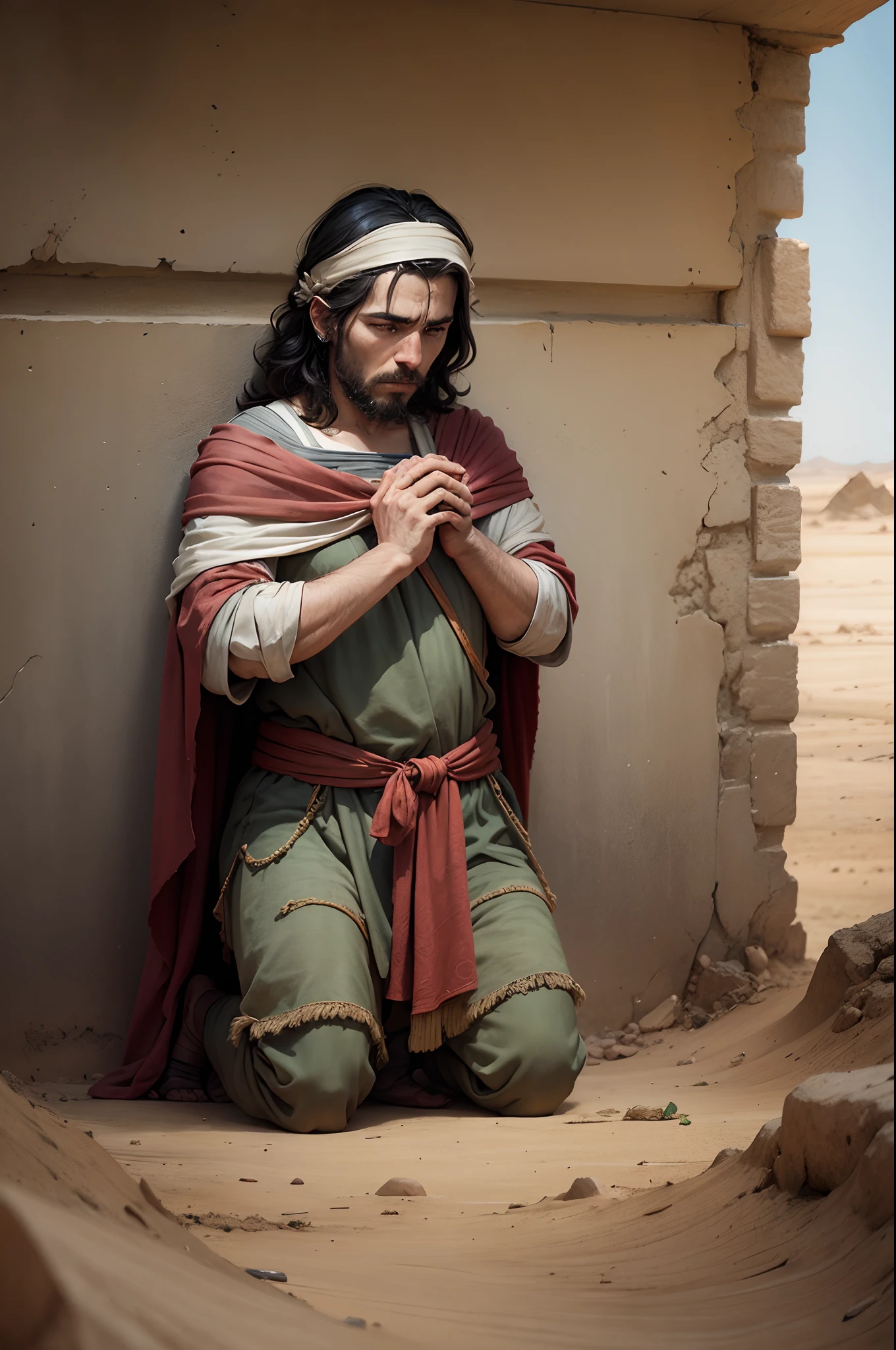 Joshua, Biblical character, kneeling, deserto, triste, olhando pra baixo, Bible, arte realista