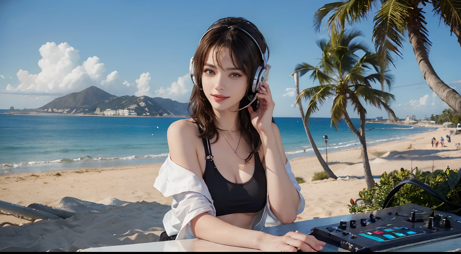 ((best qualtiy, 8K, tmasterpiece:1.3)), edgy:1.2, A beautiful woman with a perfect body:1.4, Slim Abs:1.2, ((Layered hairstyle, Big:1.5)), (Athens,the street:1.2),saturated:1.5,Highly detailed facial and skin texture,A detailed eye,Double eyelidd,Look at the camera sideways,open shirt,navels,exposed navel,Cover your chest with your hands,hands on breasts, Sunny weather, seaside, waves, palm tree, White tank top and ripped shorts, seaside, waves, palm tree, seaside, waves, palm tree, seaside, waves, palm tree, seaside, waves, palm tree,(Wear large headphones for DJs), (Woman manipulating DJ mix equipment), (Sorrisos)