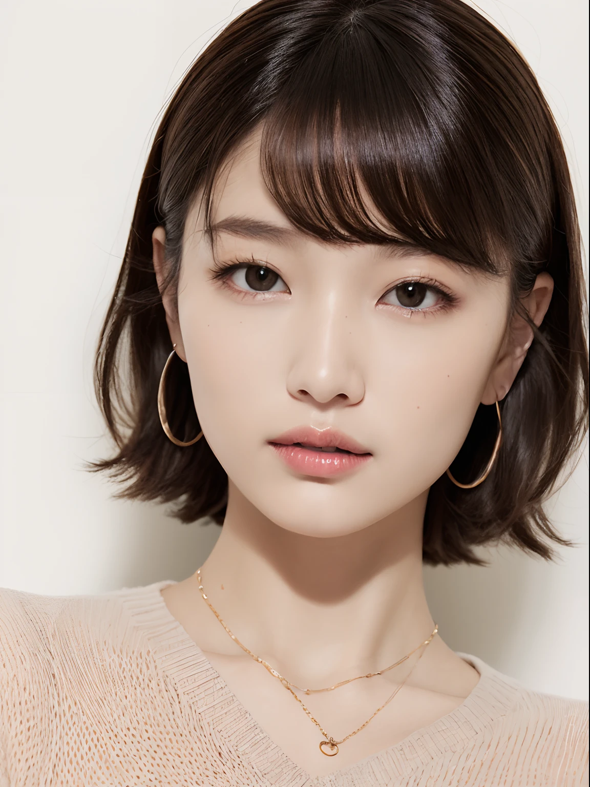 top-quality:1.3、​masterpiece、hight resolution、［1 girl in］、｛独奏｝、Raw photo、Real person、Detailed skin、japanes、brawn hair、thin bunches of bangs、waved hair、Floating hair、fullllbody,Sweat knitwear、catchlight、piercings、a necklace、white walls