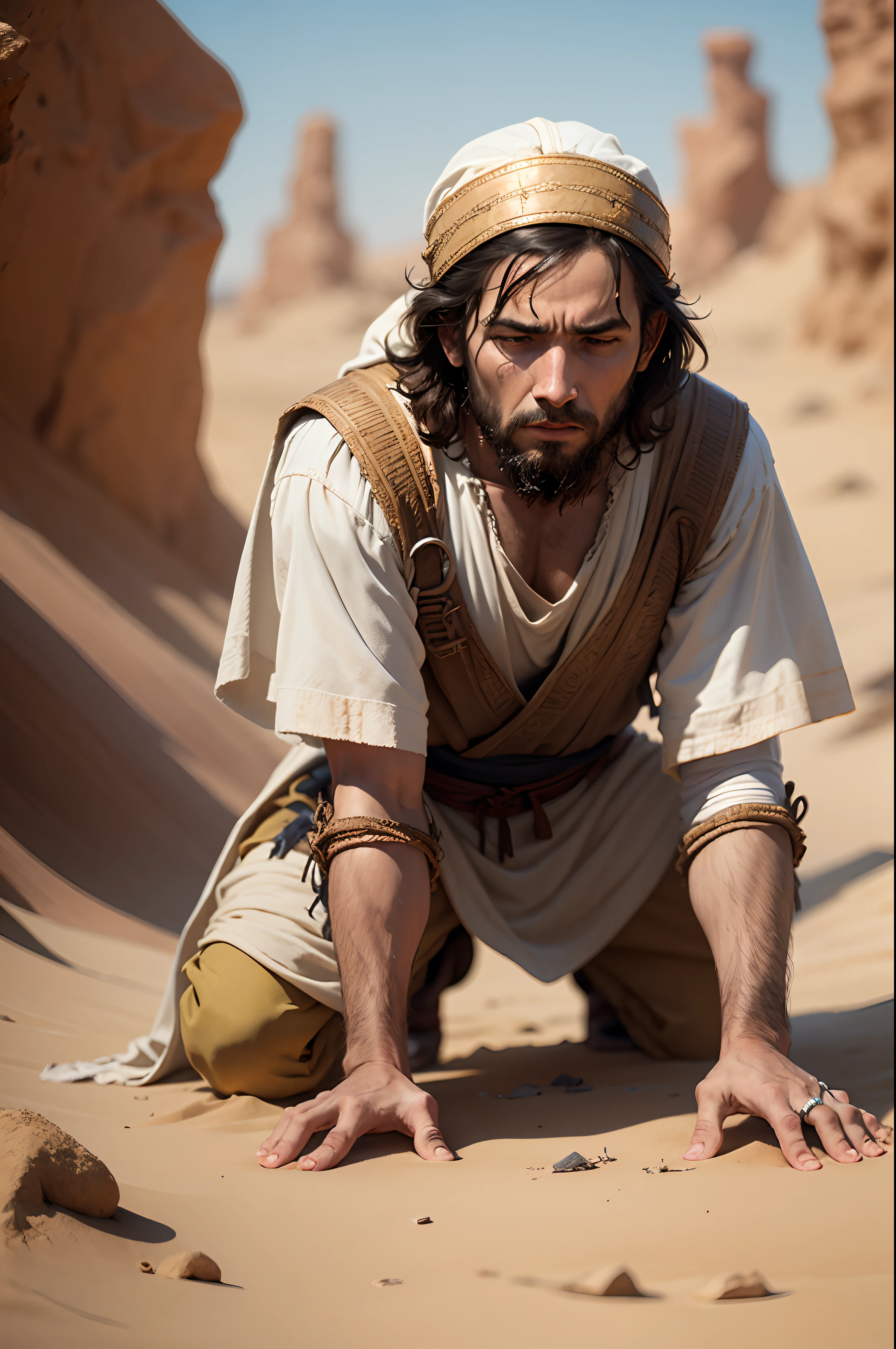 Joshua, Biblical character, kneeling, deserto, triste, olhando pra baixo, Bible, arte realista
