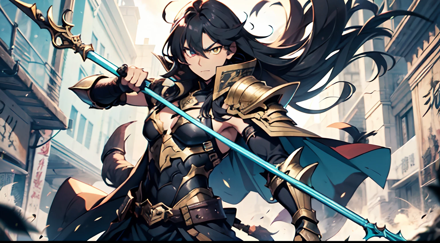 1 Boy, Xin From Kingdom Anime, Armored With Pure Black Warlord Armor With A Cape, Ultra High Definition, 8k, Handsome, Black And Yellow Pupil Eyes, Long White Hair, Ancient Kingdom Background, Extremely Detailed, Holding A Long Spear, Body To Leg Body Shot,