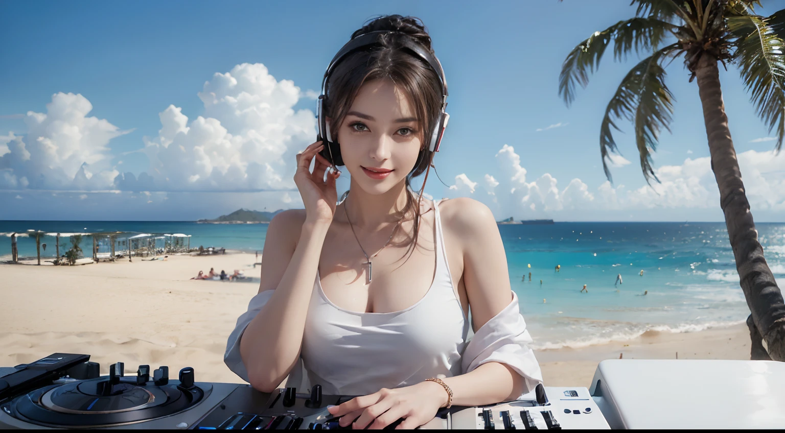 ((best qualtiy, 8K, tmasterpiece:1.3)), edgy:1.2, A beautiful woman with a perfect body:1.4, Slim Abs:1.2, ((Layered hairstyle, tits huge:1.5)), (Athens，the street：1.2），saturated：1.5，Highly detailed facial and skin texture，A detailed eye，Double eyelidd，Look at the camera sideways，open shirt，navels，exposed navel，Cover your chest with your hands，hands on breasts, Sunny weather, seaside, waves, palm tree, White tank top and ripped shorts, seaside, waves, palm tree, seaside, waves, palm tree, seaside, waves, palm tree, seaside, waves, palm tree, (Wear large headphones for DJs), (Woman manipulating DJ mix equipment), (Sorrisos), (Sorrisos), (Underarms), (Wear large headphones for DJs), (Woman manipulating DJ mix equipment), (Sorrisos), (Sorrisos), (Underarms)