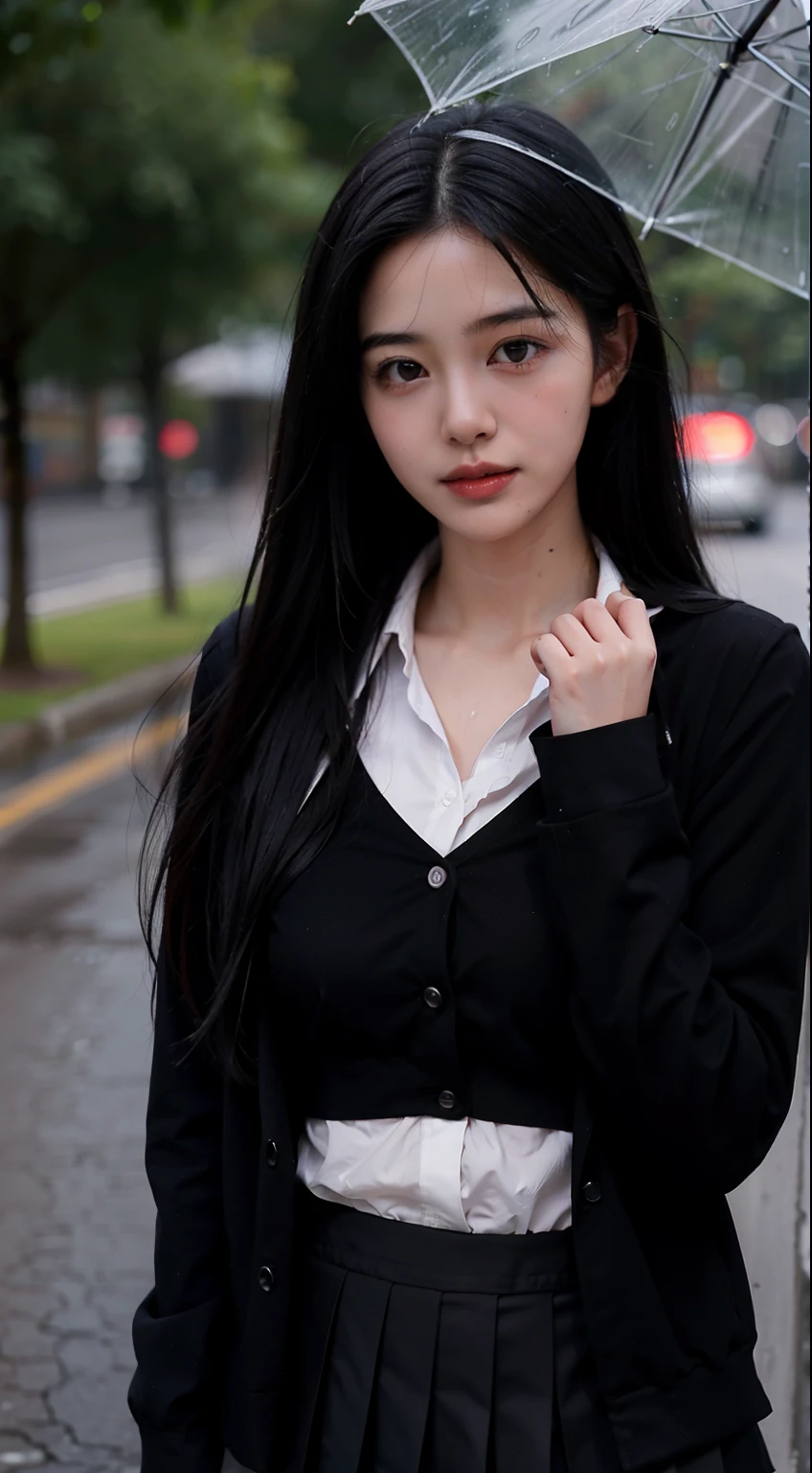 1girl, 20years old with long black hair,schoolgirl uniform, shy, blush, wet, rain, transparent, (masterpiece, best quality), soft light, cinematic composition, cinematic light , sexy pose, 8K , very detail , show bra and panties
