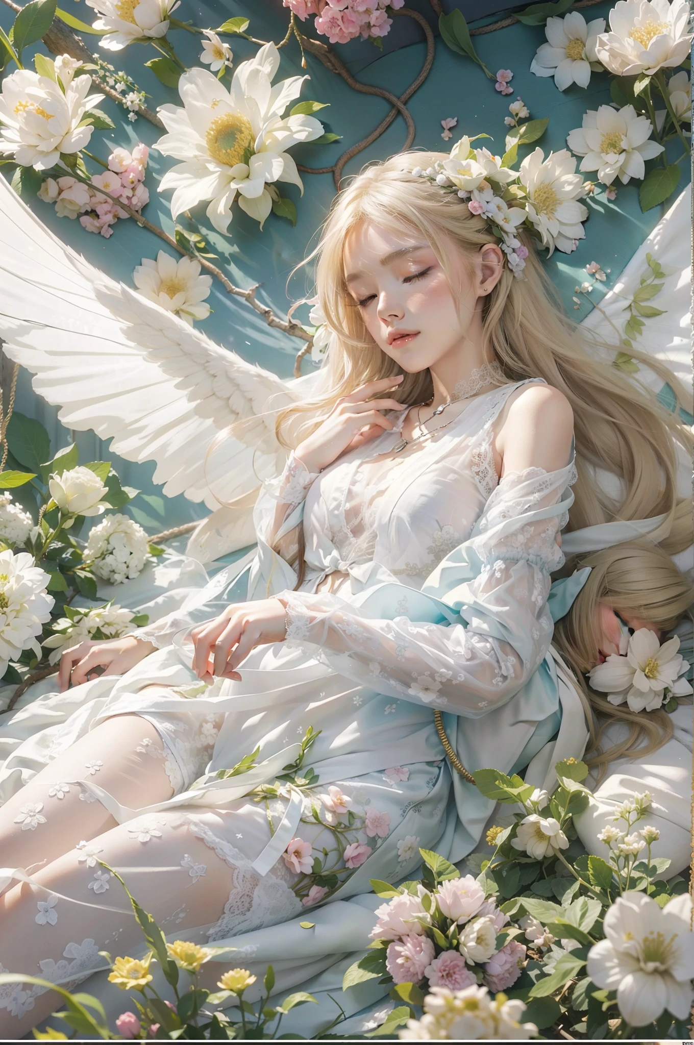 tmasterpiece,Best quality at best,1个Giant Breast Girl,blond hairbl,lacy white dress,s girl,middle School girls,独奏,Glass flower room,Transparent wings,long whitr hair,ssmile,Sleep on your side with your eyes closed,There are a lot of flowers around the cosmic background,Vertical painting effect,The upper part of the body