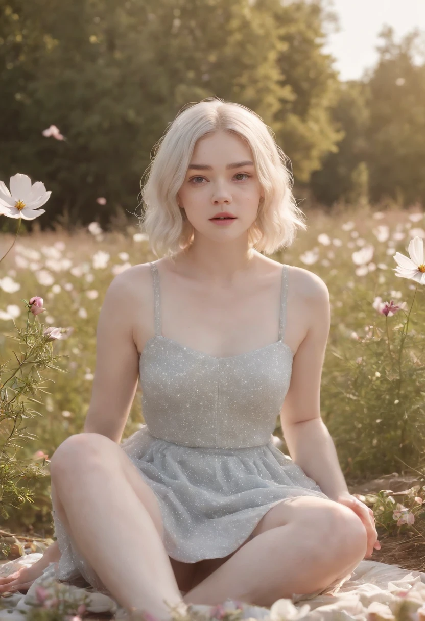 Very short hairstyle, fat girl,Cosmos Field,(((Cosmos blooms profusely))),(((cosmos))),Autumn sunshine pouring down from behind、The atmosphere of Elle Fanning,tiarra,cotton dress,(((thighs thighs thighs thighs))),bare-legged,white  hair,Curly,angry looking face,12-yeaoldl,shohaired,soft sunlight,(((birdseye view))),Sauce order,up of face,Kamimei,(((hitornfreckles))),upper body