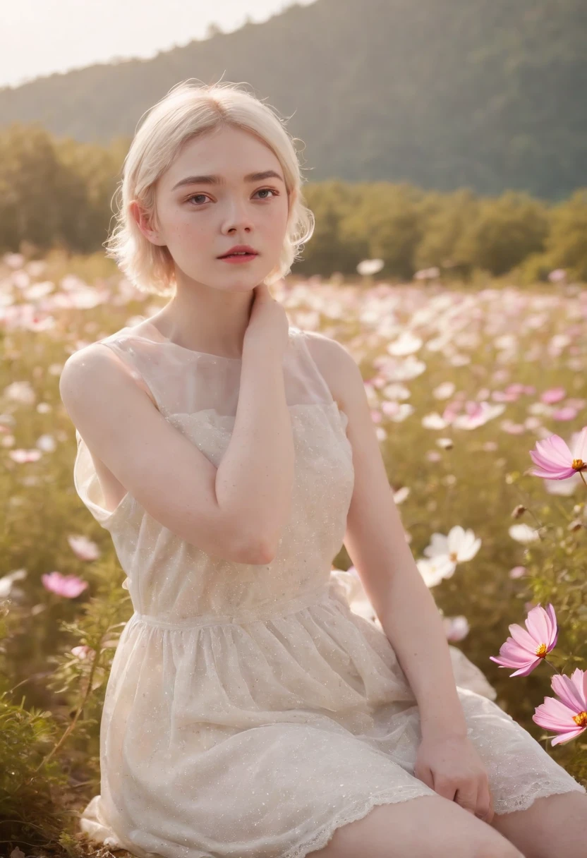 Very short hairstyle, fat girl,Cosmos Field,(((Cosmos blooms profusely))),(((cosmos))),Autumn sunshine pouring down from behind、The atmosphere of Elle Fanning,tiarra,cotton dress,(((thighs thighs thighs thighs))),bare-legged,white hair,Curly,angry looking face,12-yeaoldl,shohaired,soft sunlight,(((birdseye view))),Sauce order,up of face,Kamimei,(((hitornfreckles))),upper body