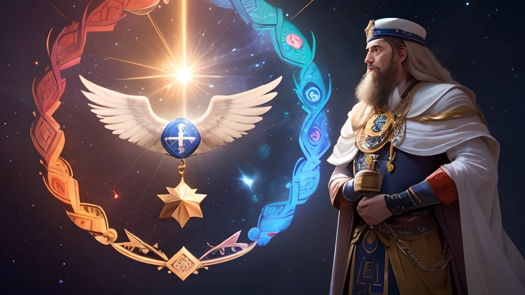 Uma montagem visual que destaca elementos-chave da cultura judaica, como a Estrela de Davi, the Torah and a dove of peace, symbolizing the message of justice and compassion.