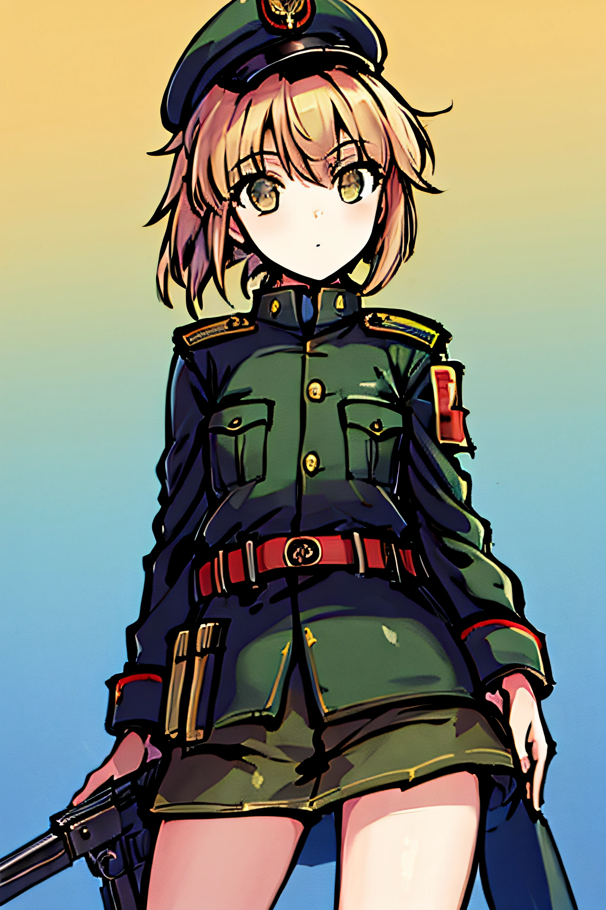 Artbytokiame,1girl,ropa militar,pistola en mano,solo,fondo campo de guerra,((masterpiece, best quality),