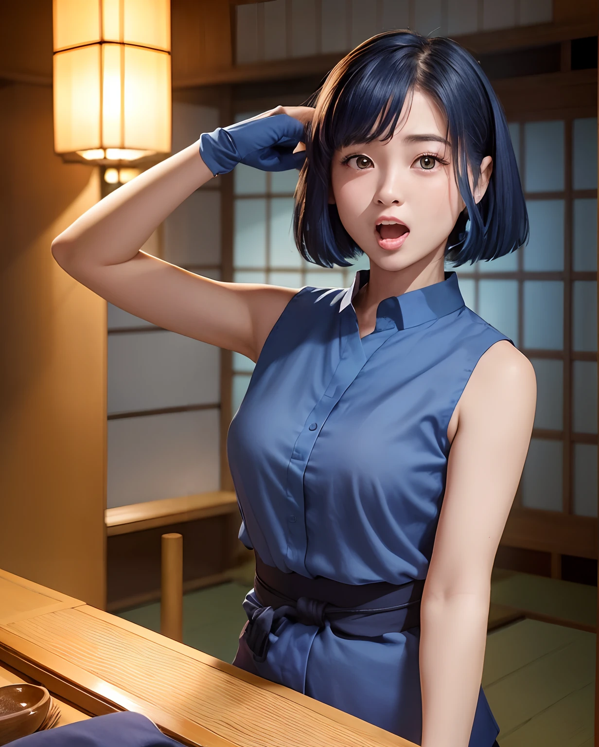 Best Quality, Photorealistic, 8K, hight resolution, fulcolor, 1girl in, Woman, 20yr old female, (Open mouth:1.73), (Skindentation), (Portrait:0.5),Ryokan rooms, ((Background of the ryokan:1.52)), fulcolor, ((Sleeveless Blue Shirt:1.58)), Looking at Viewer:1.8, (1girl eyes looking at viewer:1.55), (Medium Hair, brawn hair, parted hair:1.45), (Bokeh), Smiling smile