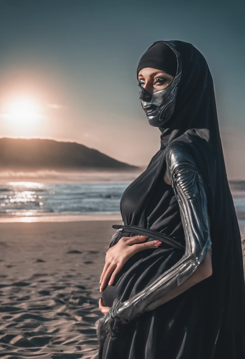 9 months pregnant woman, wearing hijab, tight clothes, full body, 8k, high resolution, ultrasharp, masterpiece, hand holding belly and breast, on the beach, surrounded by pregnant women wearing hijabs, big breast and big pregnant belly, without masker on mouth and look at me.
