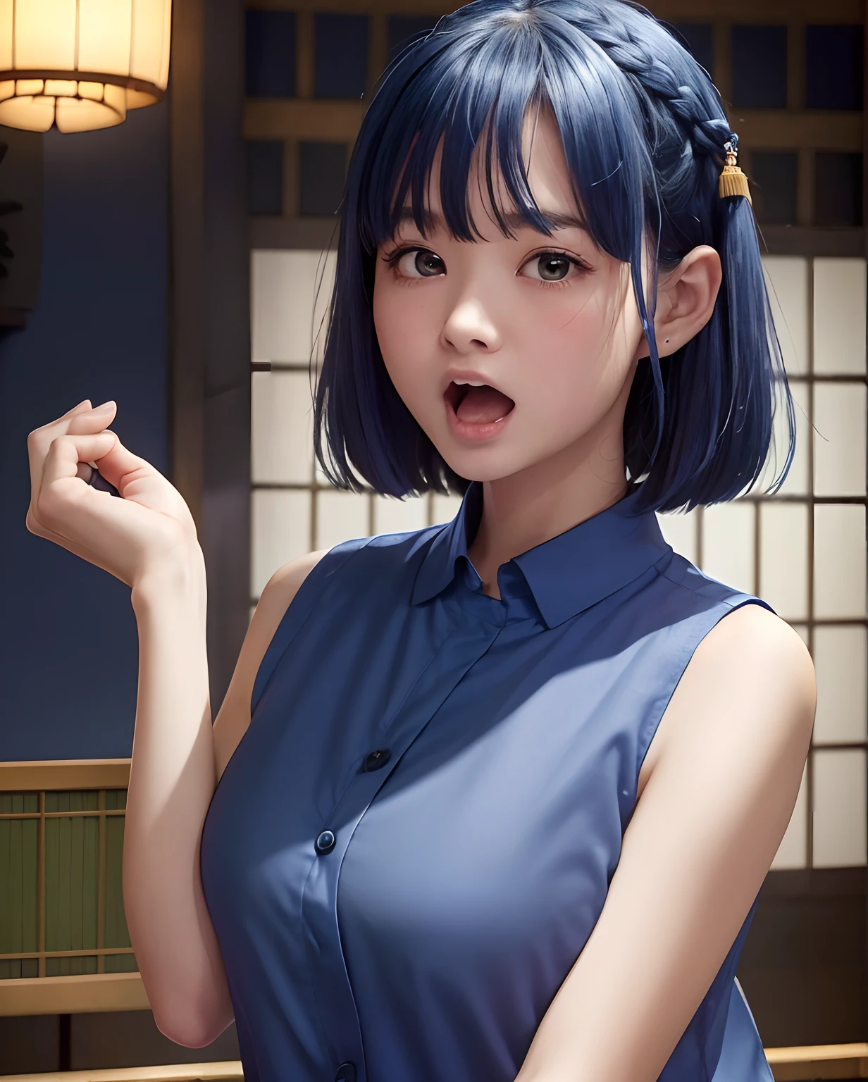Best Quality, Photorealistic, 8K, hight resolution, fulcolor, 1girl in, Woman, 20yr old female, (Open mouth:1.73), (Skindentation), (Portrait:0.5),Ryokan rooms, ((Background of the ryokan:1.52)), fulcolor, ((Sleeveless Blue Shirt:1.58)), Looking at Viewer:1.8, (1girl eyes looking at viewer:1.55), (Medium Hair, brawn hair, parted hair:1.45), (Bokeh), astonished face、My arm is being grabbed