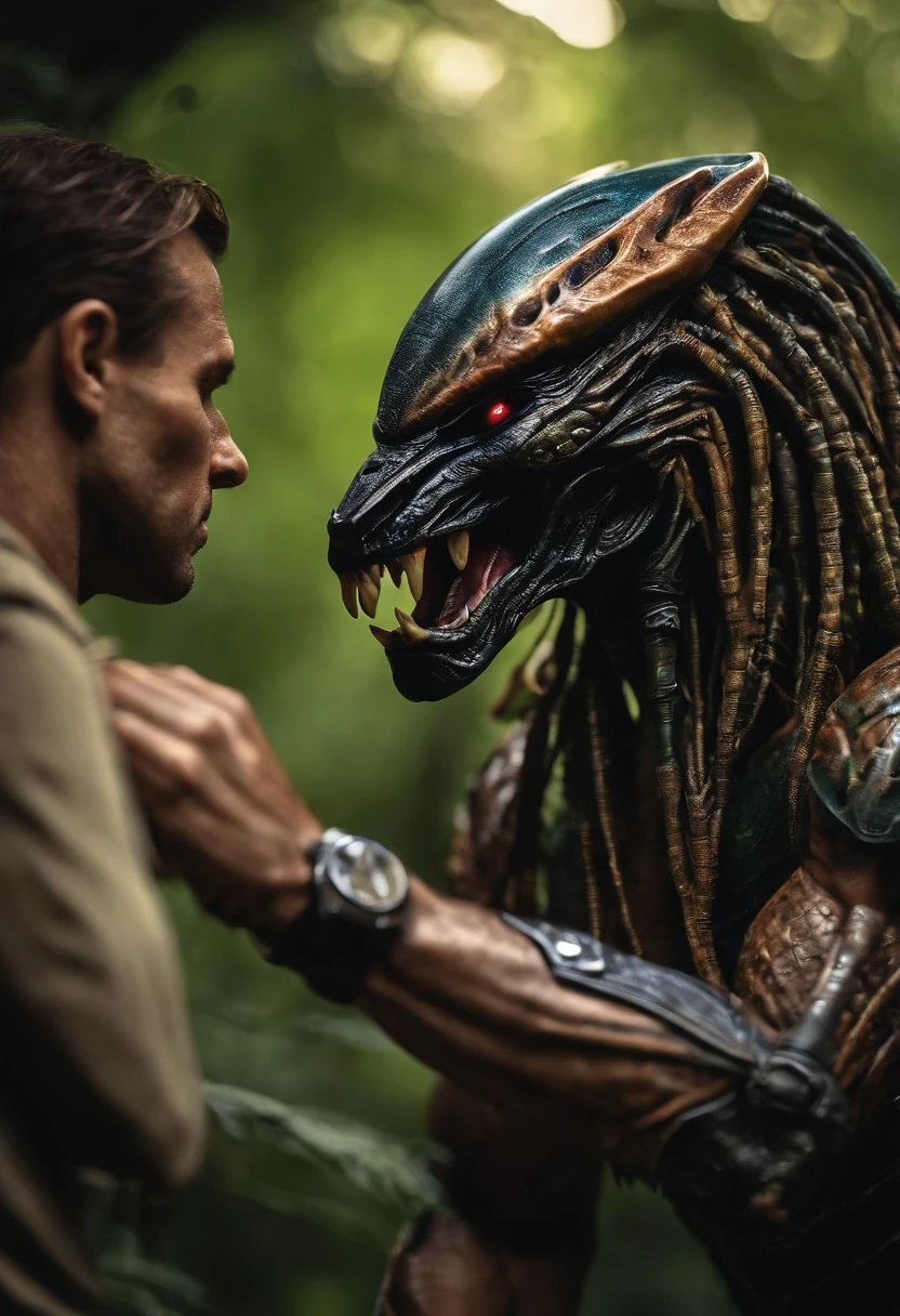 a Yautja predator, sitting with a Mexican man with indigenous features in an interior bus of Mexico City, extremely detailed, highly realistic, cinematic lighting, volumetric lighting, photorealistic, masterpiece, 8k, ultra-detailed, hyper-realistic, intricate details, realistic facial features, realistic skin textures, realistic clothing textures, dynamic composition, dramatic lighting, realistic lighting reflections, realistic shadows, cinematic atmosphere, moody color palette, vibrant colors, depth of field, ambient occlusion, global illumination, physically-based rendering, professional digital art