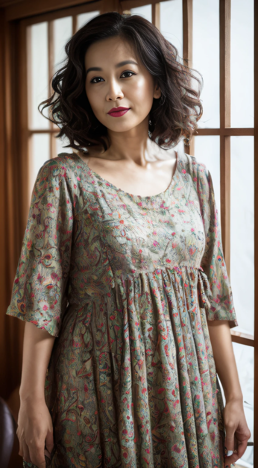((Best quality, 8K, Masterpiece, Portrait: 1.3)), (View viewers), Photorealism, Sharp focus, Solo, Chinese Moro Islamic Liberation Front, Beauty, 28 years old, Curly hair, Chiffon dress ((Walking)), Room,