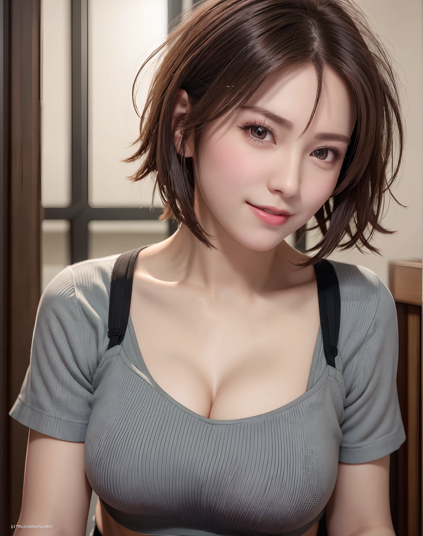 ((Highest quality)), ((8K)), ((Masterpiece)), ((Highest resolution)), Highly realistic image quality, ((She has a large bust and an excellent figure)), anime CG, anime CG style, 3D anime-realistic. She is a woman with short hair and a very large bust. Close-up of a short-haired woman, digital art inspired by Fumie Kojima, possessing extraordinary beauty that captivates men around the world. Her hair color is mocha brown,smiling with a radiant smile. She is wearing a red tank top that emphasizes her chest, revealing her cleavage. She is also wearing shorts, and her beautiful skin and legs enhance her sexiness. She is in her room, sitting on a chair, relaxing.