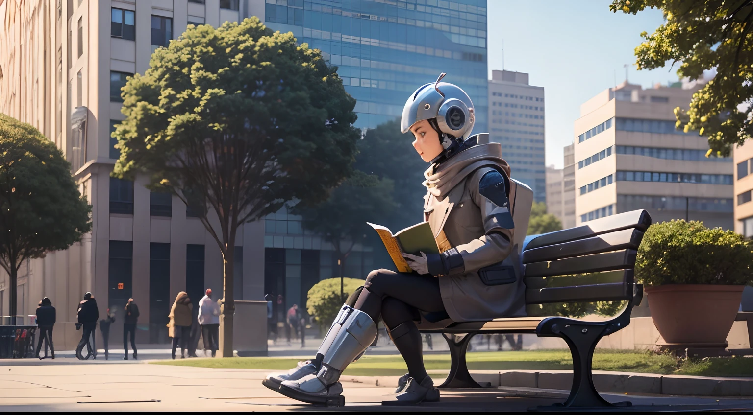 Create a robot with a friendly and intellectual face by reading a book sitting on a bench in an ordinary square in the background of a city with modern buildings