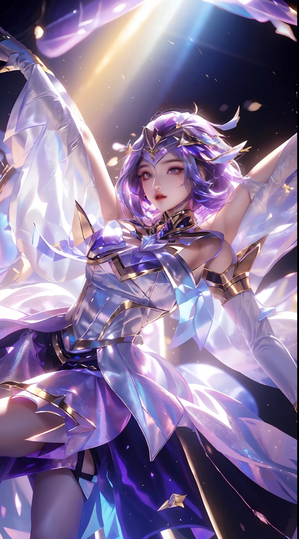 tmasterpiece, Best quality at best, A high resolution, 1girll,(Sing with a microphone), K/Da\(league of legend\), 独奏, long whitr hair, short detailed hair, shift dresses,idoly,Stage costumes,be on stage