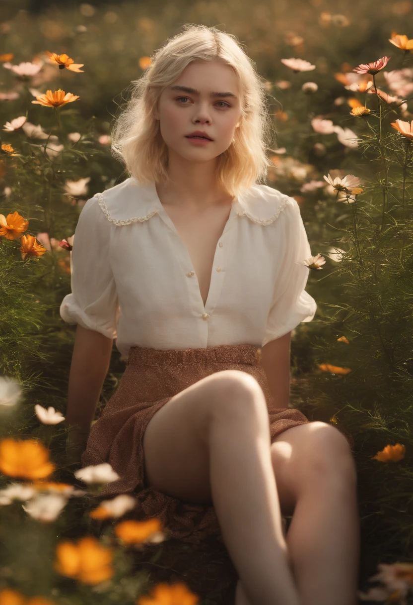 Very short hairstyle,Little fat girl,Cosmos Field,(((Cosmos blooms profusely))),(((cosmos))),Autumn sunshine pouring down from behind、The atmosphere of Elle Fanning,tiarra,cotton dress,(((thighs thighs thighs thighs))),bare-legged,white  hair,Curly,angry looking face,12-year-old girl,short-haired,soft sunlight,(((birdseye view))),Sauce order,up of face,Kamimei,(((hitornfreckles))),upper body