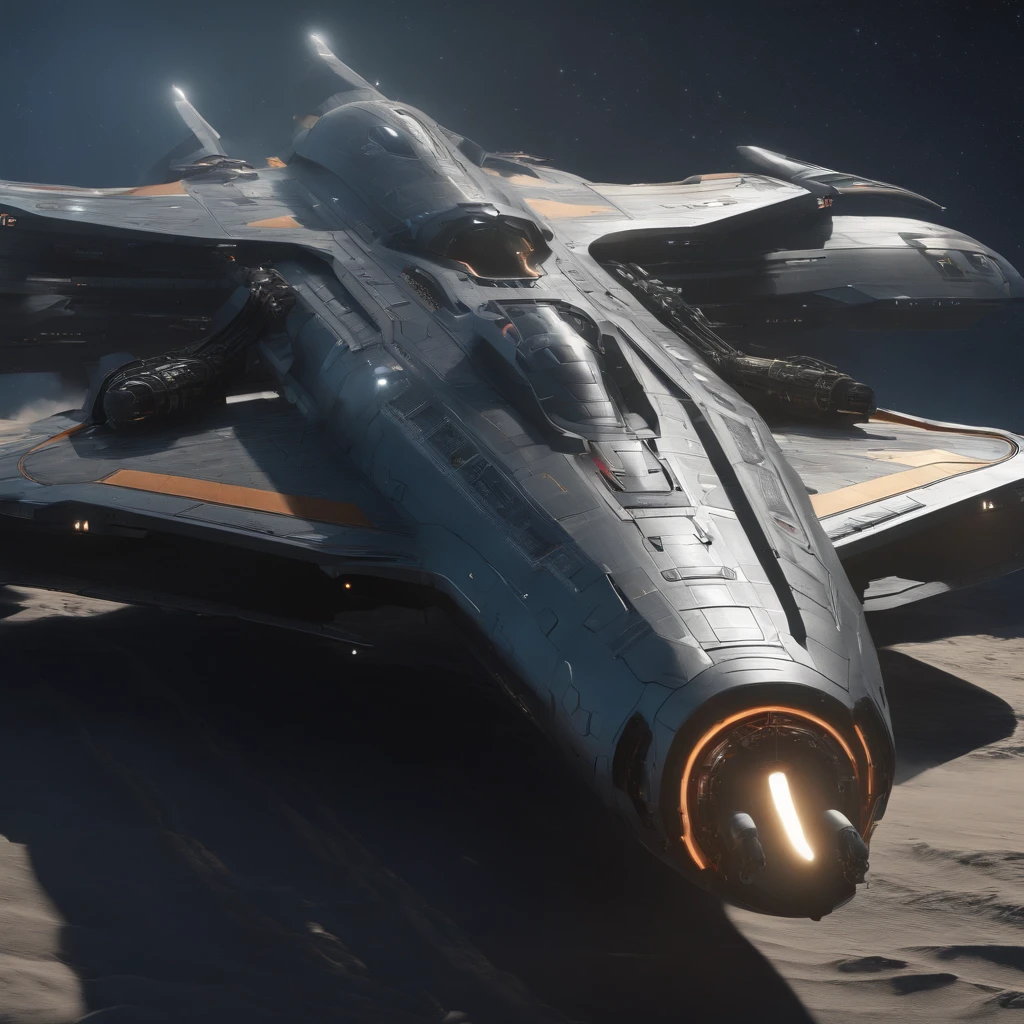 military spaceship, long spaceship, full view, intricate detail, 4k