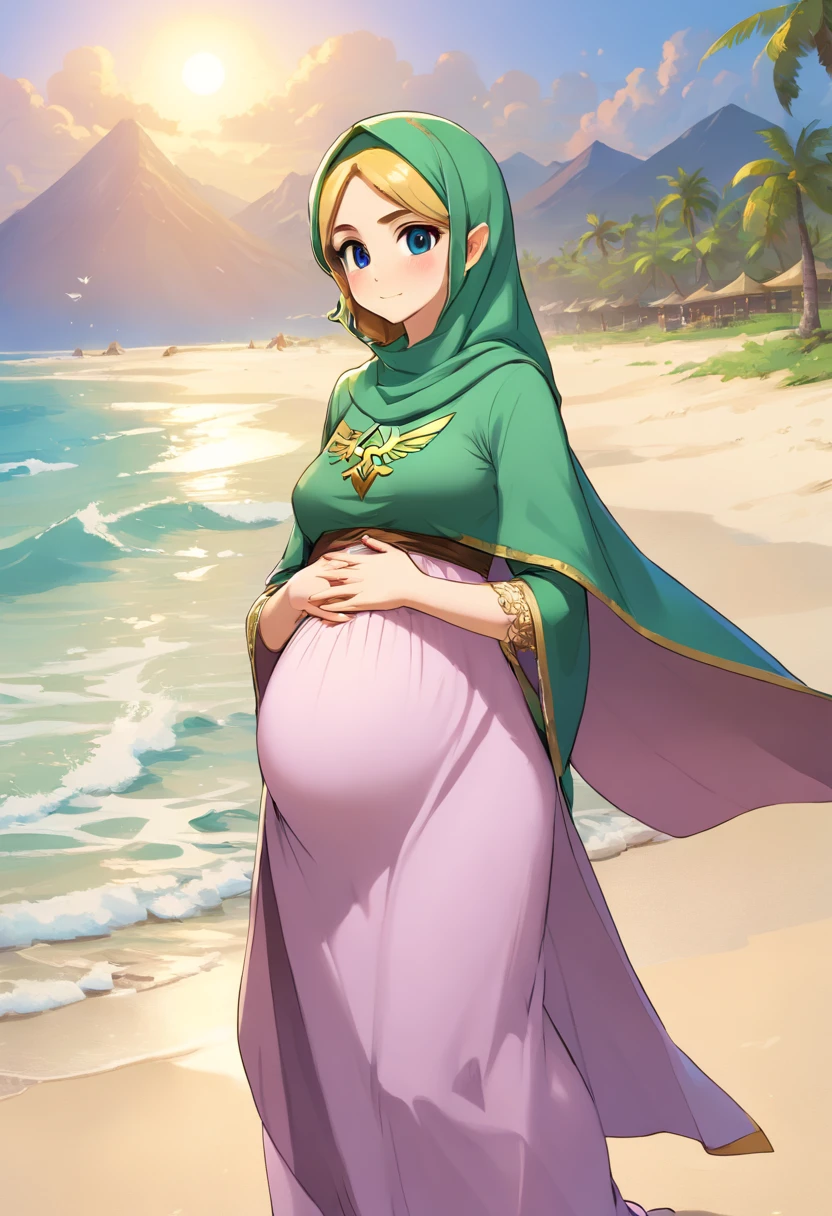 9 months pregnant young thick girl, wearing hijab, tight clothes, full body, 8k, high resolution, ultrasharp, masterpiece, hand holding belly and breast, on the beach, surrounded by pregnant women wearing hijabs, big breast and big pregnant belly, face uncovered and looking at the screen.