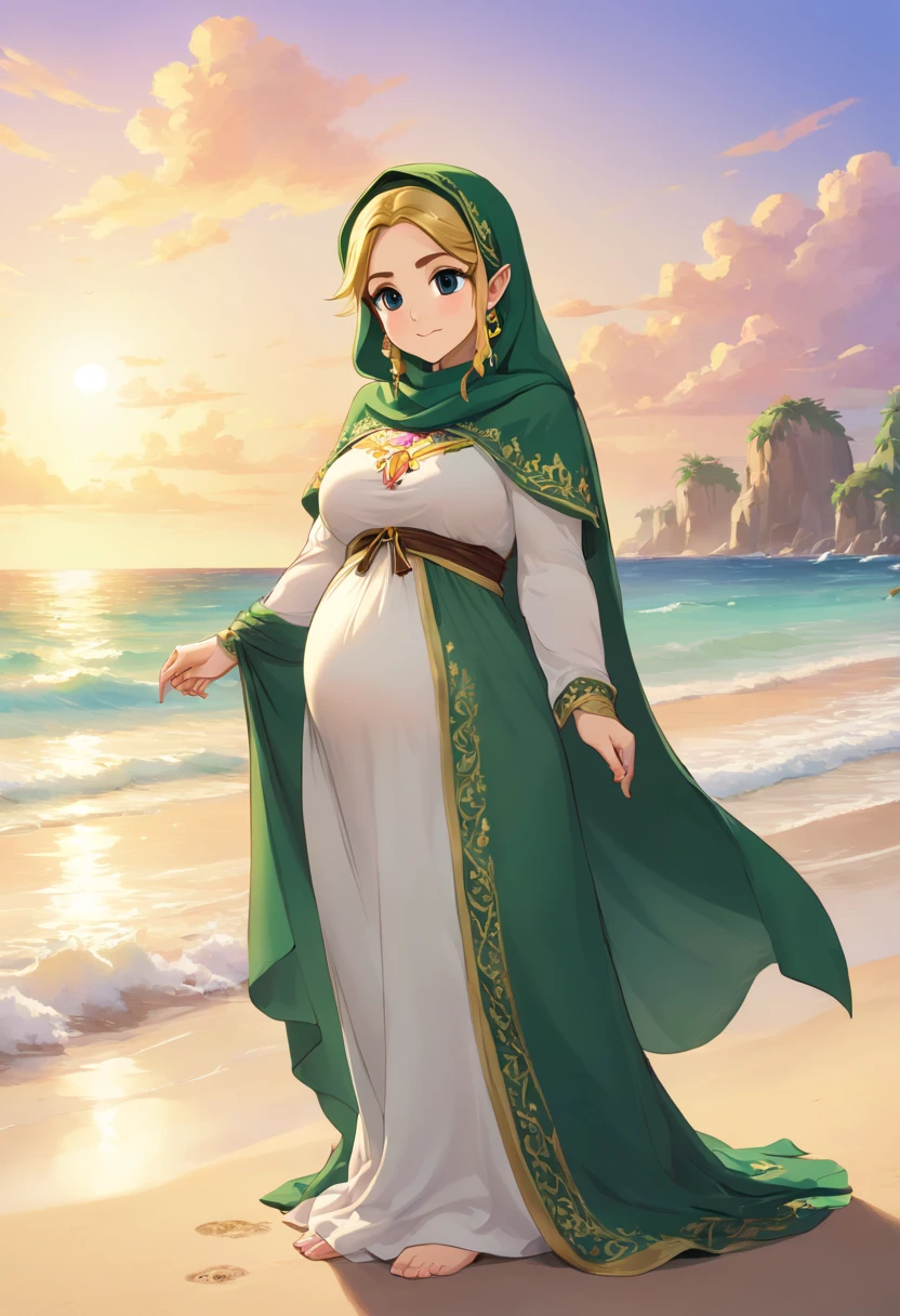 9 months pregnant young thick girl, wearing hijab, tight clothes, full body, 8k, high resolution, ultrasharp, masterpiece, hand holding belly and breast, on the beach, surrounded by pregnant women wearing hijabs, big breast and big pregnant belly, face uncovered and looking at the screen.