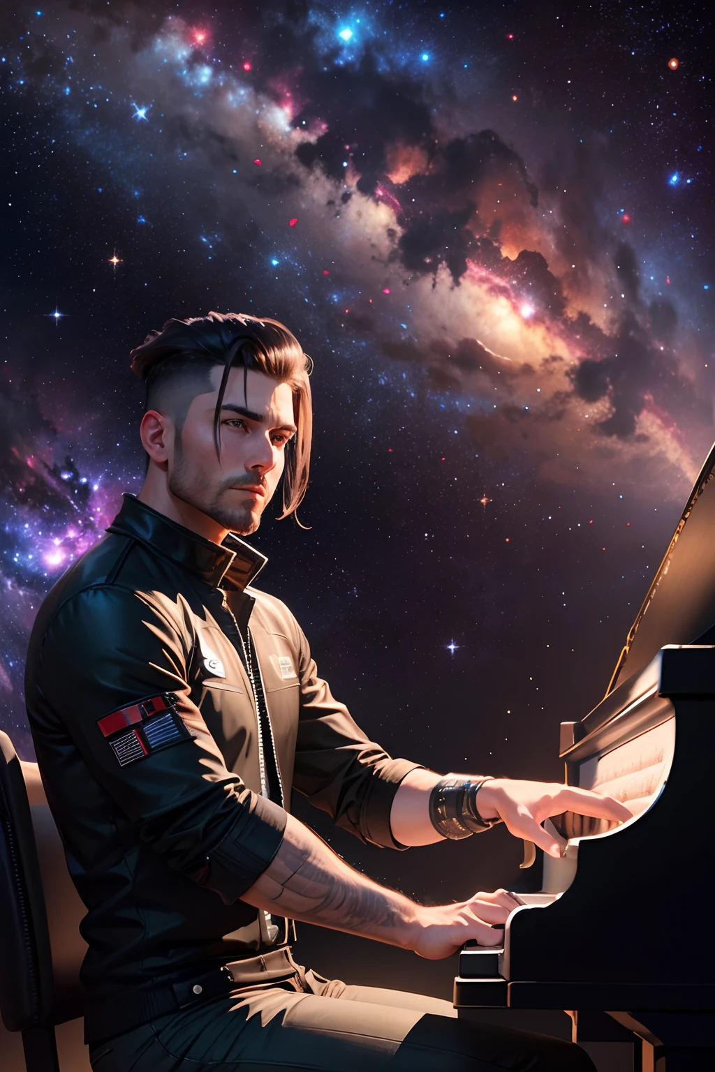 an undercut haired man playing a piano in the middle of a galaxy full of stars and nebulae and other space stuff, ultra detalhado, 8k, 3d, Game graphics