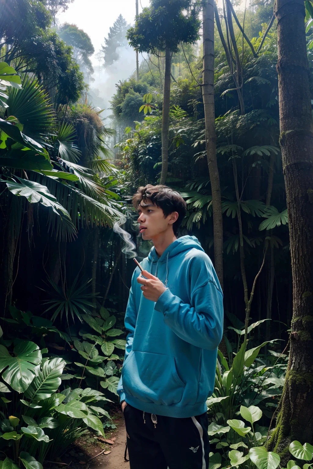 Boy in blue sweatshirt lost in a magical forest far from civilization, fumando um cigarro