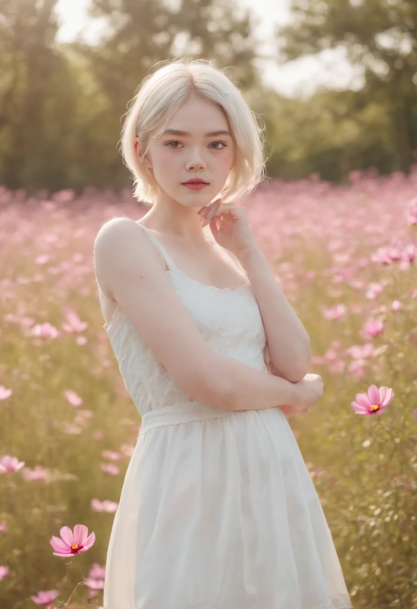Very short hairstyle,Little fat girl,Cosmos Field,(((Cosmos blooms profusely))),(((cosmos))),Autumn sunshine pouring down from behind、The atmosphere of Elle Fanning,tiarra,cotton dress,(((thighs thighs thighs thighs))),bare-legged,white hair,Curly,angry looking face,,short-haired,soft sunlight,(((birdseye view))),Sauce order,up of face,Kamimei,(((hitornfreckles))),medium close-up
