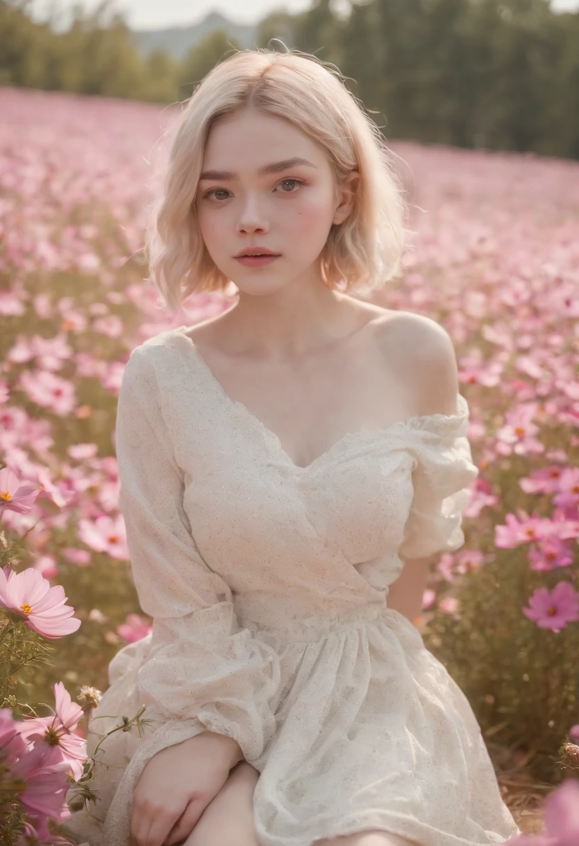 Very short hairstyle,Little fat girl,Cosmos Field,(((Cosmos blooms profusely))),(((cosmos))),Autumn sunshine pouring down from behind、The atmosphere of Elle Fanning,tiarra,cotton dress,(((thighs thighs thighs thighs))),bare-legged,white  hair,Curly,angry looking face,12-year-old girl,short-haired,soft sunlight,(((birdseye view))),Sauce order,up of face,Kamimei,(((hitornfreckles))),medium close-up