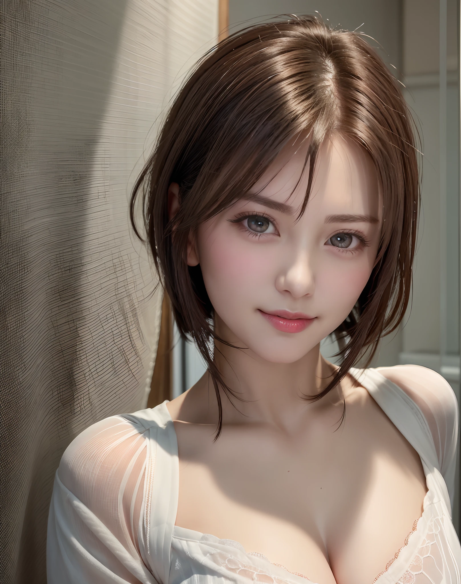 Top quality, ultra high resolution, (photorealistic: 1.4), beautiful eyes, super beautiful, short hair, beautiful breasts, lover, t-shirt with rough chest, eyes inviting viewer, lover's eyes, inviting facial expressions, sexy smile, perfect style, perfect balance, detailed skin, naughty eyes, chest visible