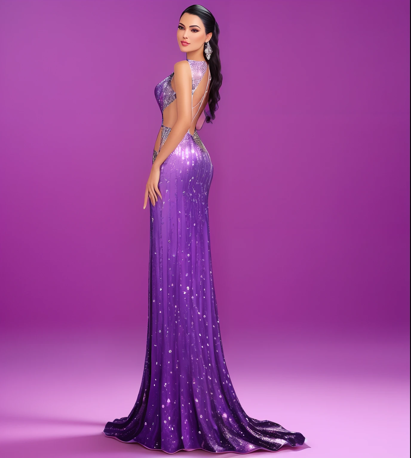 A child girl with long hair wearing an elegant dress with lilac glitter she is also wearing a perfect makeup she is wearing a beautiful heel she is at a fancy event at a party