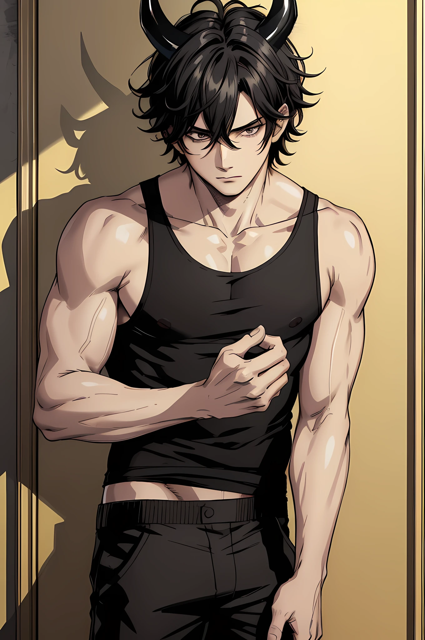 best quality,masterpiece,original,extremely detailed wallpaper,looking at viewer,1boy,solo,male focus,black hair,messy hair,bored,white singlet,black pants,black devil horns,
