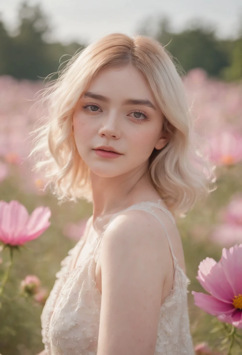 Very short hairstyle, fat girl,Cosmos Field,(((Cosmos blooms profusely))),(((cosmos))),Autumn sunshine pouring down from behind、The atmosphere of Elle Fanning,tiarra,cotton dress,(((thighs thighs thighs thighs))),bare-legged,white hair,Curly,angry looking face,12-yeaoldl,shohaired,soft sunlight,(((birdseye view))),Sauce order,up of face,Kamimei,(((hitornfreckles))),medium shot