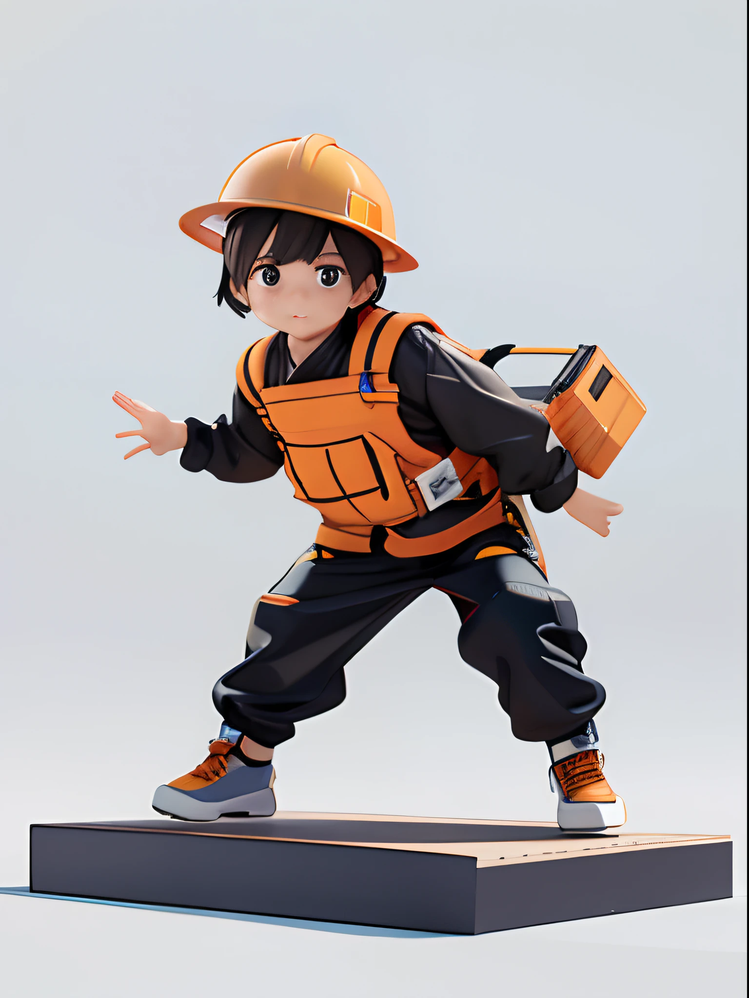 人物: 10 year old boy, Short brown hair, Black eyes, helmet on,Wearing a construction worker's uniform,Construction worker reflective orange clothing,Lively posture,Different angles, Different Perspectives, Fantastic ladybug style, hat ornament,Steel blocks, Pieces of iron、Steel structure decoration,gear wheel,White background -- 3:2, Character styling,Pop Mart's super cute IP, A chubby face, Chinese style, full bodyesbian, Clean background, Studio light, Hyper-detailing,3D, c4dblender,OC renderer, Ultra HD,3d rendered model, a blind box toy, Smooth and delicate, Clean background,a 3D render, Extreme detail, 8K, Extreme clarity, High sharpening, Ray tracing, particle fx, Studio lighting, The Rembrandt effect, HD quality, High-definition color contrast