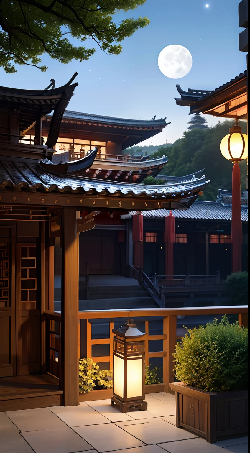 (The background is a night view of a Chinese courtyard with a full moon：1.4), (Foreground fence：1.2)，Yellow lanterns，calm evening. dreamlike illustration, illustration!, Chinese fantasy, Fine quality illustrations,Digital illustration, 8K high quality detailed art, Anime background art, digital painting of a pagoda, Rosla global lighting, background artwork, G Liulian art style, 4K detailed digital art, arte de fundo, Zen temple background, quiet and serene atmosphere