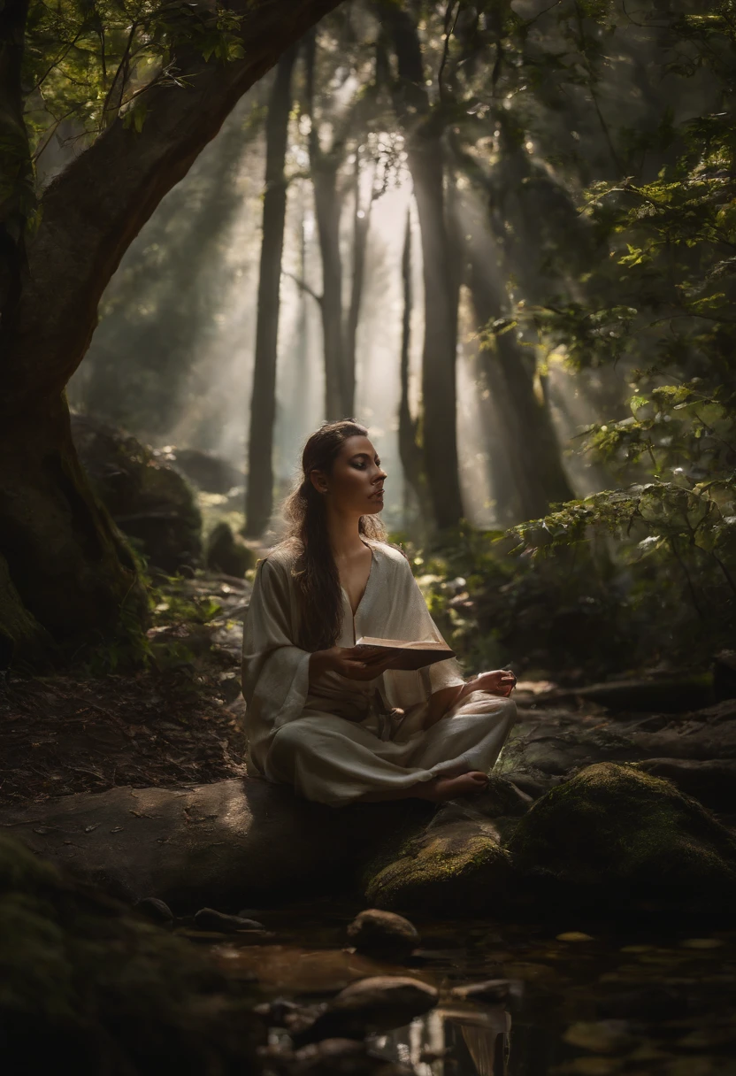 (best quality,highres,realistic:1.37),(cinematic:1.1) figure in (meditation:1.1),(self-conscious reflection),(surrounded by),(natural elements),(lighting symbols:1.1),transmitting the idea of (depth:1.1),(tranquility),(harmony with nature),(serenity:1.1).