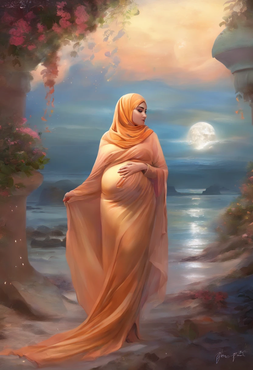 9 months pregnant young thick girl, wearing hijab, tight clothes, full body, 8k, high resolution, ultrasharp, masterpiece, hand holding belly and breast, on the beach, surrounded by pregnant women wearing hijabs, big breast and big pregnant belly, face uncovered and looking at the screen, face enjoying the pain.