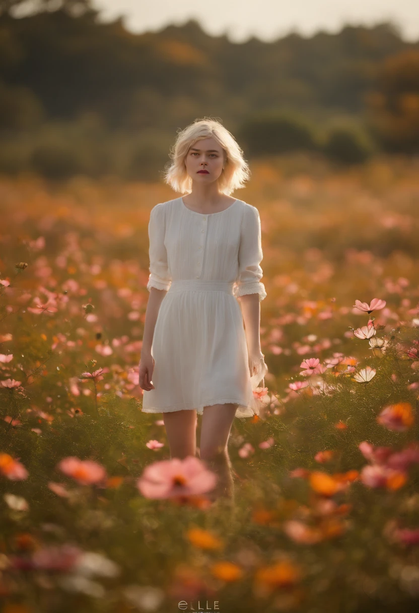 Very short hairstyle,Little fat girl,Cosmos Field,(((Cosmos blooms profusely))),(((cosmos))),Autumn sunshine pouring down from behind、The atmosphere of Elle Fanning,tiarra,cotton dress,(((thighs thighs thighs thighs))),bare-legged,white hair,Curly,angry looking face,,short-haired,soft sunlight,(((birdseye view))),Sauce order,up of face,Kamimei,(((hitornfreckles))),medium shot