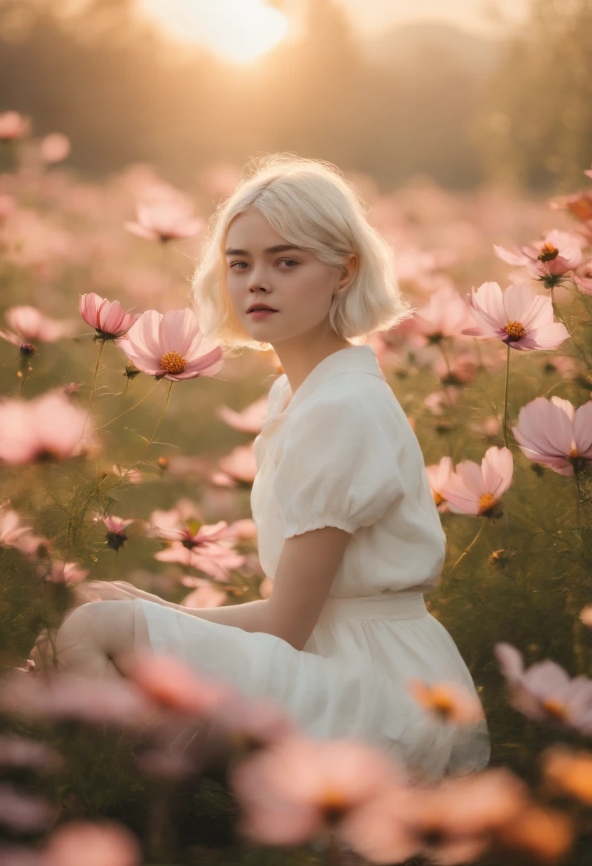 Very short hairstyle,Little fat girl,Cosmos Field,(((Cosmos blooms profusely))),(((cosmos))),Autumn sunshine pouring down from behind、The atmosphere of Elle Fanning,tiarra,cotton dress,(((thighs thighs thighs thighs))),bare-legged,white hair,Curly,angry looking face,,short-haired,soft sunlight,(((birdseye view))),Sauce order,up of face,Kamimei,(((hitornfreckles))),medium shot