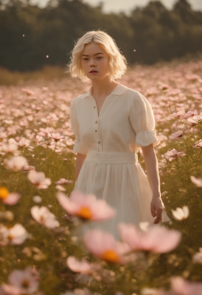 Very short hairstyle,Little fat girl,Cosmos Field,(((Cosmos blooms profusely))),(((cosmos))),Autumn sunshine pouring down from behind、The atmosphere of Elle Fanning,tiarra,cotton dress,(((thighs thighs thighs thighs))),bare-legged,white hair,Curly,angry looking face,12-year-old girl,short-haired,soft sunlight,(((birdseye view))),Sauce order,up of face,Kamimei,(((hitornfreckles))),upper body