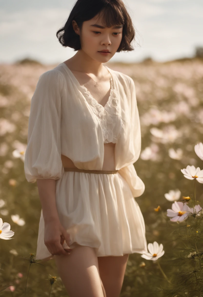 Very short hairstyle,Little fat girl,Cosmos Field,(((Cosmos blooms profusely))),(((cosmos))),Autumn sunshine pouring down from behind、The atmosphere of Elle Fanning,tiarra,cotton dress,(((thighs thighs thighs thighs))),bare-legged,white hair,Curly,angry looking face,12-year-old girl,short-haired,soft sunlight,(((birdseye view))),Sauce order,up of face,Kamimei,(((hitornfreckles))),upper body
