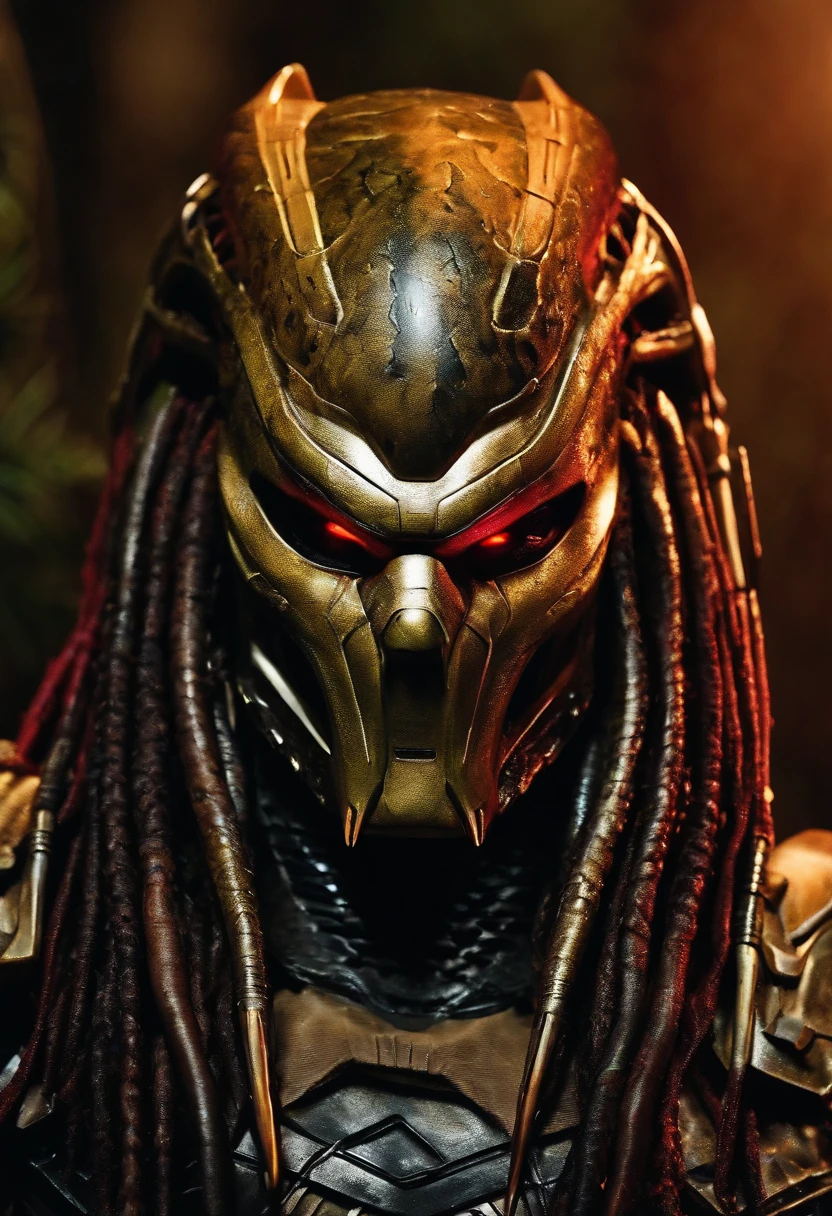 Dark fantasy demonic predator,Predator,Wearing a mask,When you take off the mask, you see a big mouth、Fang-like creature,View your viewers,photograph,超detailed,detailed,8k best quality,Realistic,8k,Fine details,