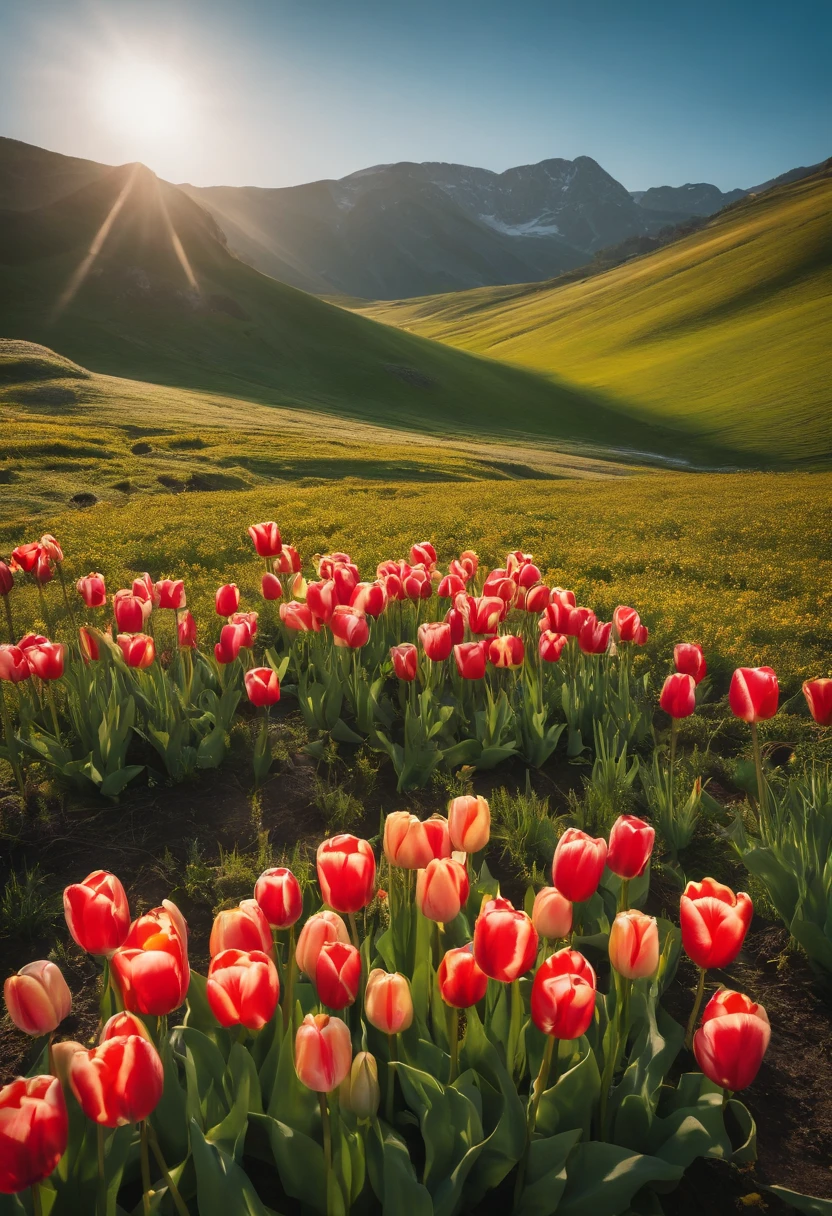 A small number of tulip flowers in the foreground，Medium green meadow，The vista is alpine, the blue sky is white, and goes，Natural light at noon，masterpiece，8K，