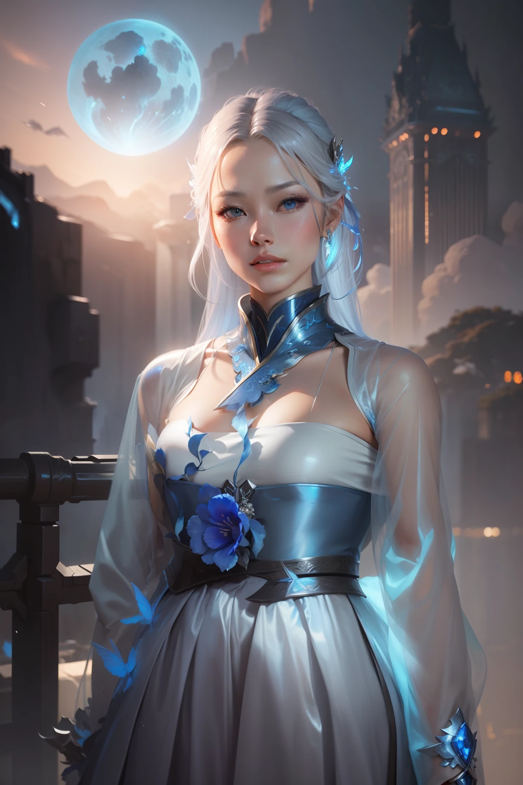 a close up of a woman in a silver and blue dress, chengwei pan on artstation, by Yang J, detailed fantasy art, stunning character art, fanart best artstation, epic exquisite character art, beautiful armor, extremely detailed artgerm, detailed digital anime art, artgerm on artstation pixiv, armor girl