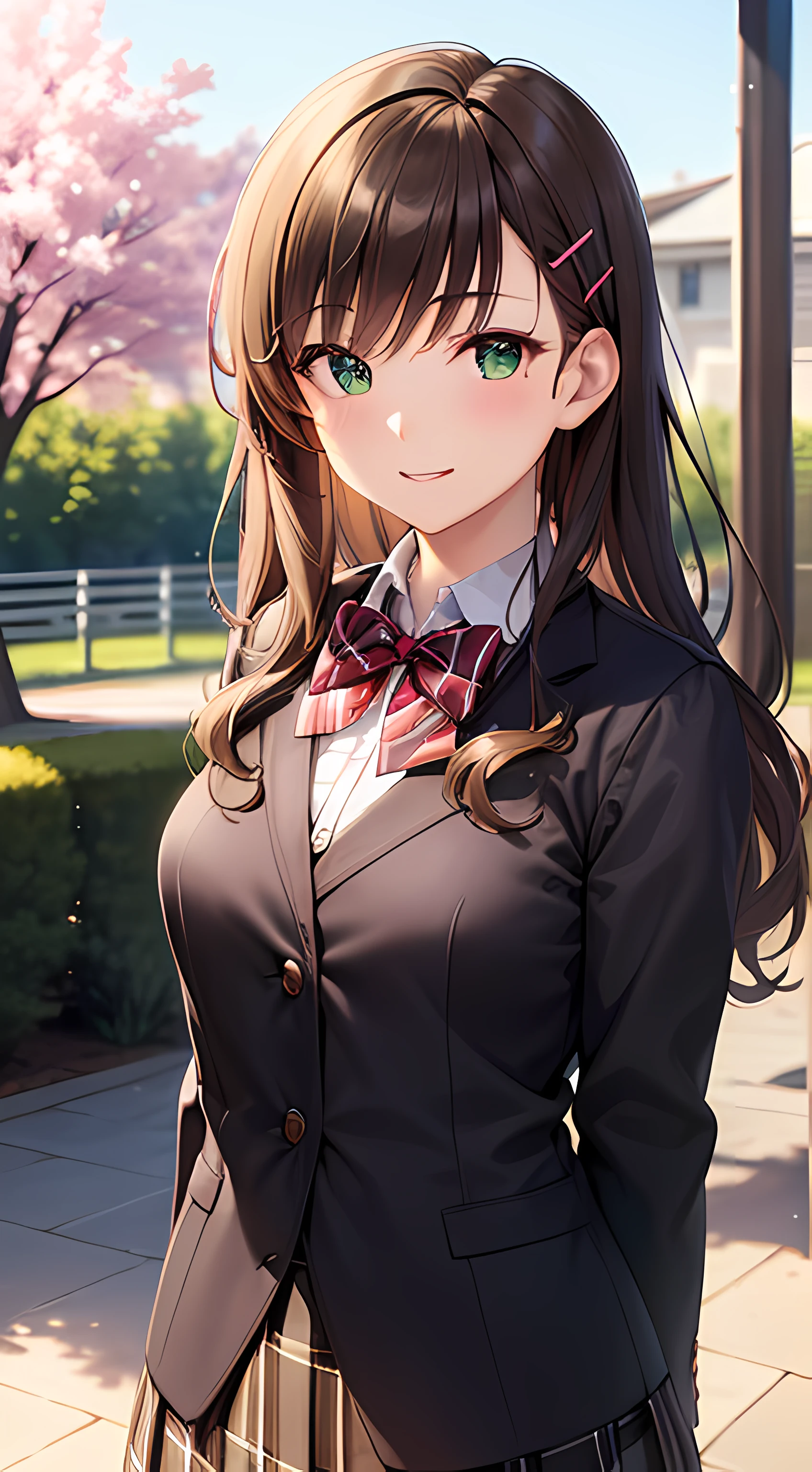 ((masterpiece, best quality, highres, UHD, perfect pixel, depth of field, 4k, RTX, HDR))), 1girl, single, solo, beautiful anime girl, beautiful artstyle, anime character, ((long hair, bangs, dark brown hair, curly hair:0.4, simple hair pin)), ((green eyes:1.4, rounded eyes, beautiful eyelashes, realistic eyes)), ((detailed face, blushing:1.2)), ((smooth texture:0.75, realistic texture:0.65, photorealistic:1.1, anime CG style)), medium breasts, ((dynamic angle, portrait)), perfect body, ((red bowtie, school uniform, black jacket, open jacket, brown cardigan, white shirt, black skirt, plaid skirt)), smile, beautiful teeth, amusement park, cherry blossoms