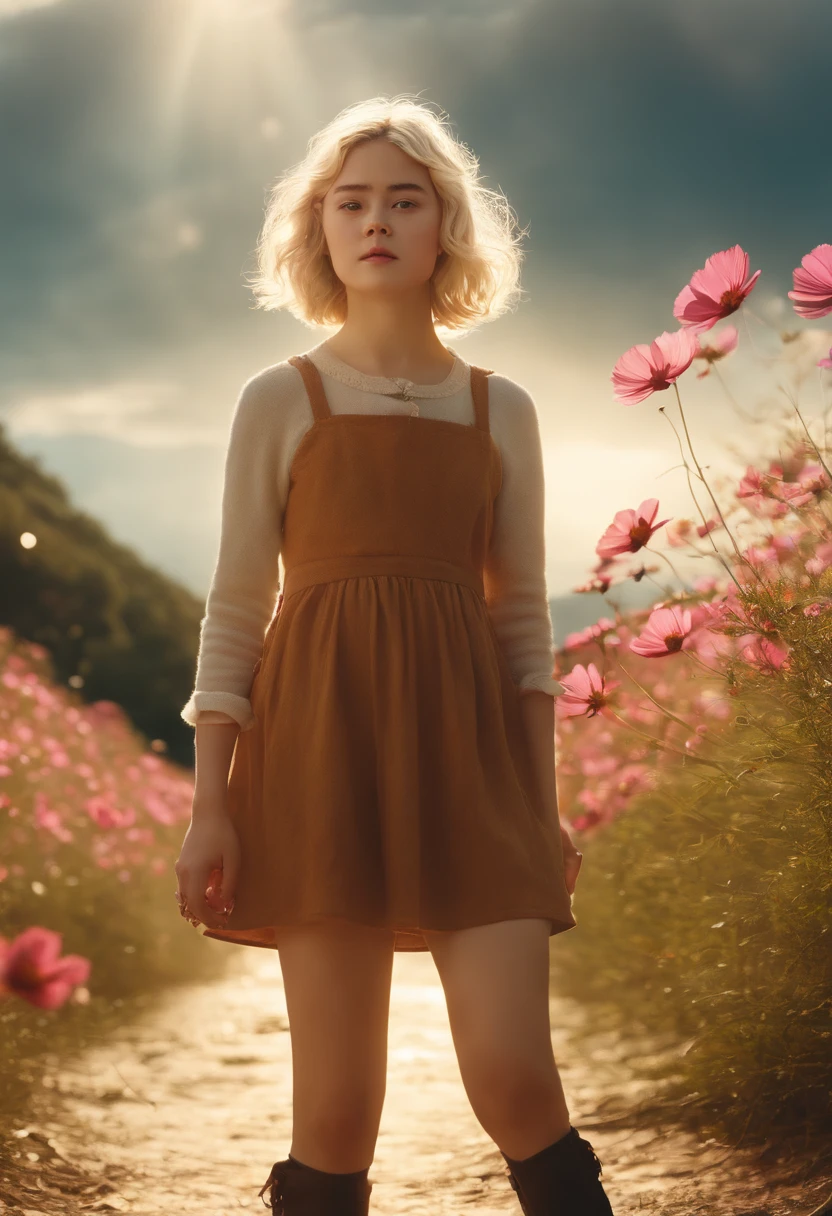 Very short hairstyle,Little fat girl,Cosmos Field,(((Cosmos blooms profusely))),(((cosmos))),Autumn sunshine pouring down from behind、The atmosphere of Elle Fanning,tiarra,cotton dress,(((thighs thighs thighs thighs))),bare-legged,white hair,Curly,angry looking face,12-year-old girl,short-haired,soft sunlight,(((birdseye view))),Sauce order,up of face,Kamimei,(((hitornfreckles))),upper body