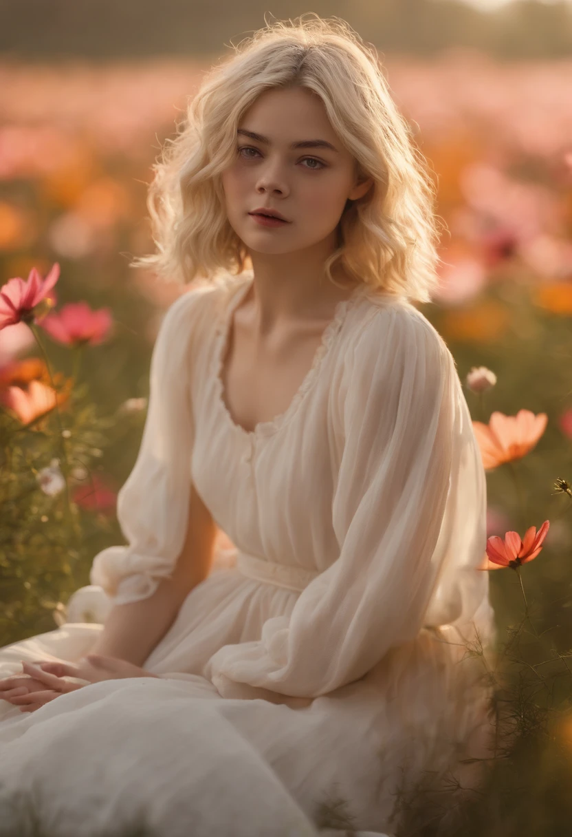 Very short hairstyle, fat girl,Cosmos Field,(((Cosmos blooms profusely))),(((cosmos))),Autumn sunshine pouring down from behind、The atmosphere of Elle Fanning,tiarra,cotton dress,(((thighs thighs thighs thighs))),bare-legged,white  hair,Curly,angry looking face,12-yeaoldl,shohaired,soft sunlight,(((birdseye view))),Sauce order,up of face,Kamimei,(((hitornfreckles))),upper body