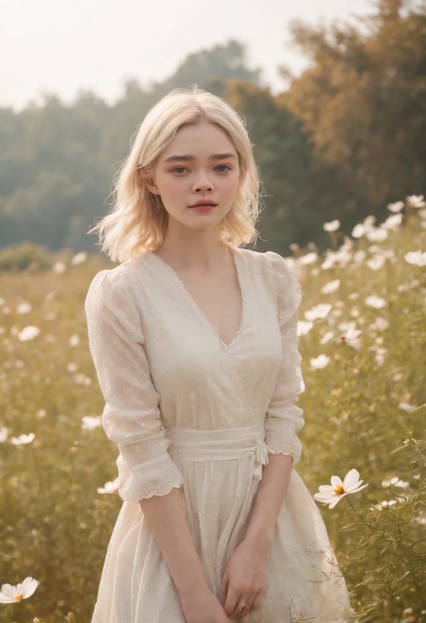 Very short hairstyle,Little fat girl,Cosmos Field,(((Cosmos blooms profusely))),(((cosmos))),Autumn sunshine pouring down from behind、The atmosphere of Elle Fanning,tiarra,cotton dress,(((thighs thighs thighs thighs))),bare-legged,white hair,Curly,angry looking face,12-year-old girl,short-haired,soft sunlight,(((birdseye view))),Sauce order,up of face,Kamimei,(((hitornfreckles))),medium close-up